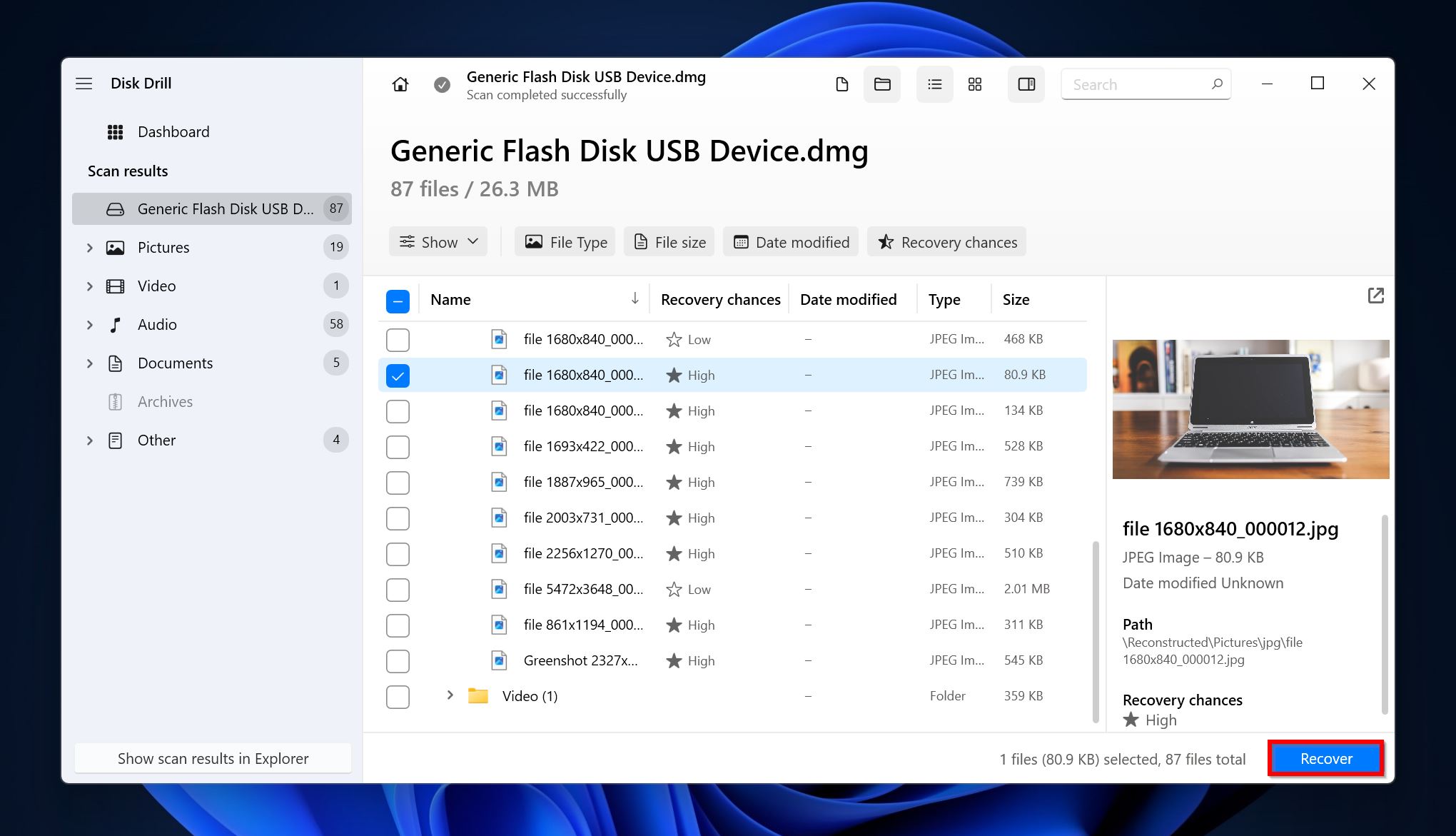 Lista de archivos recuperables en Disk Drill.