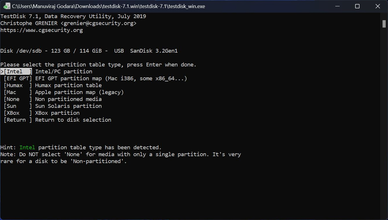 select prtition type in testdisk