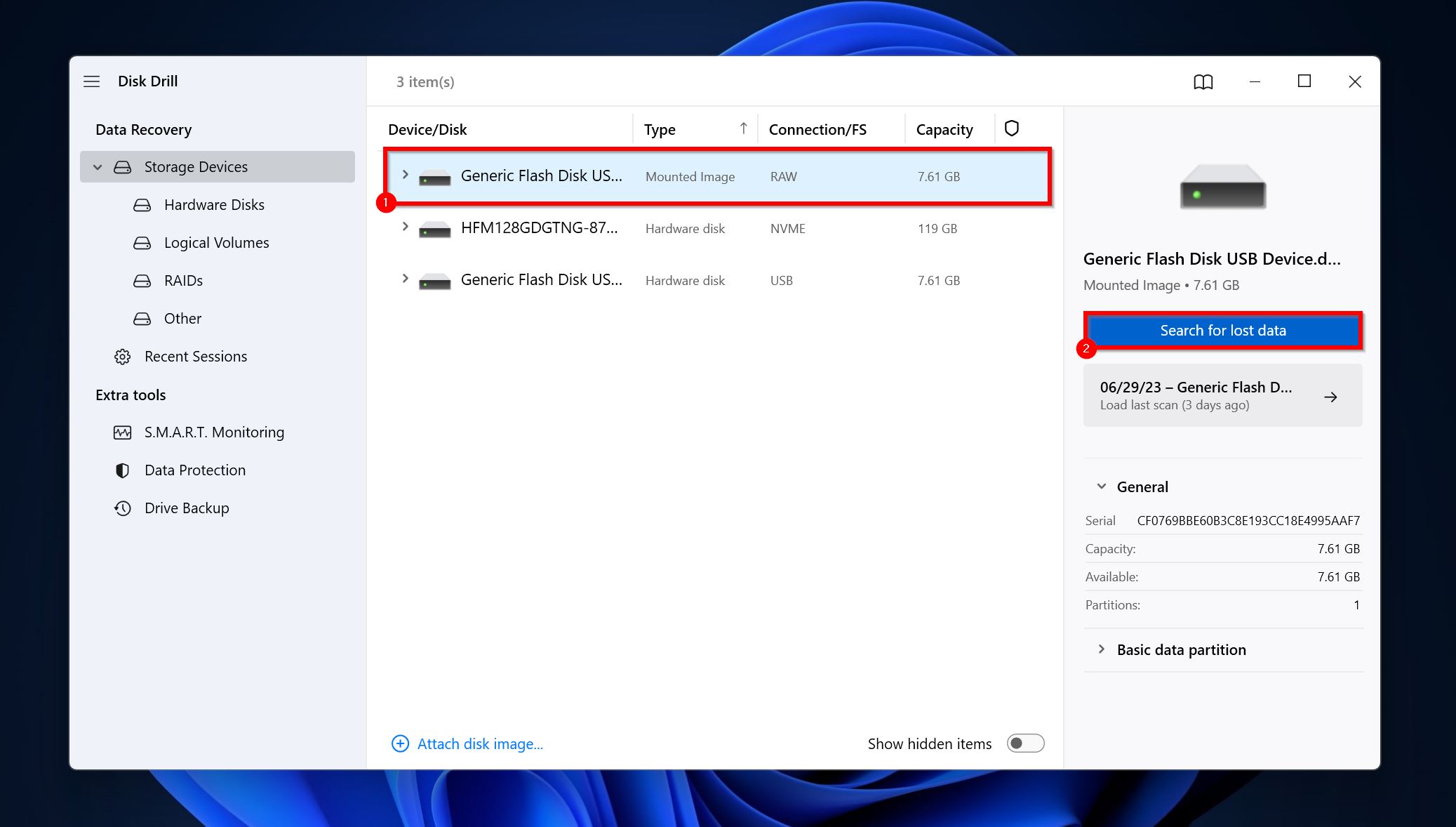 Search for lost data option in Disk Drill.