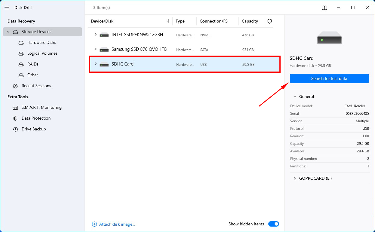 اختيار البطاقة في disk drill