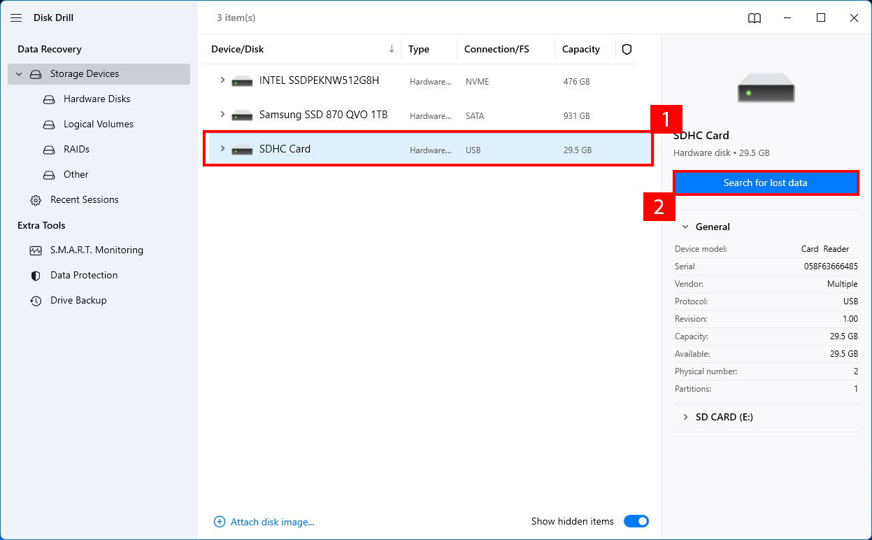 sélection du disque pour l'analyse dans disk drill