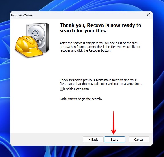 Start scan in recuva