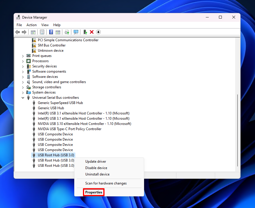 open usb root hub settings