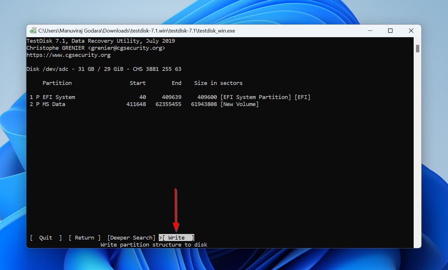 Schrijfoptie in TestDisk.