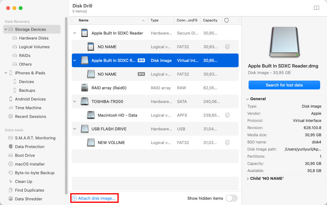 adjuntar imagen de disco disk drill mac