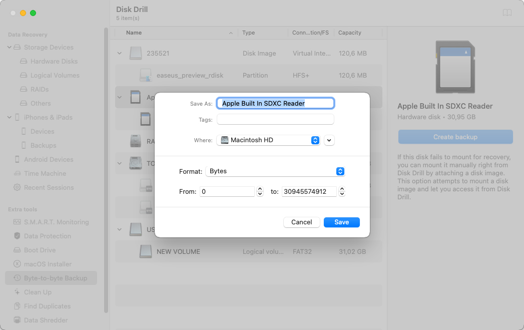 opret byte til byte backup disk drill mac