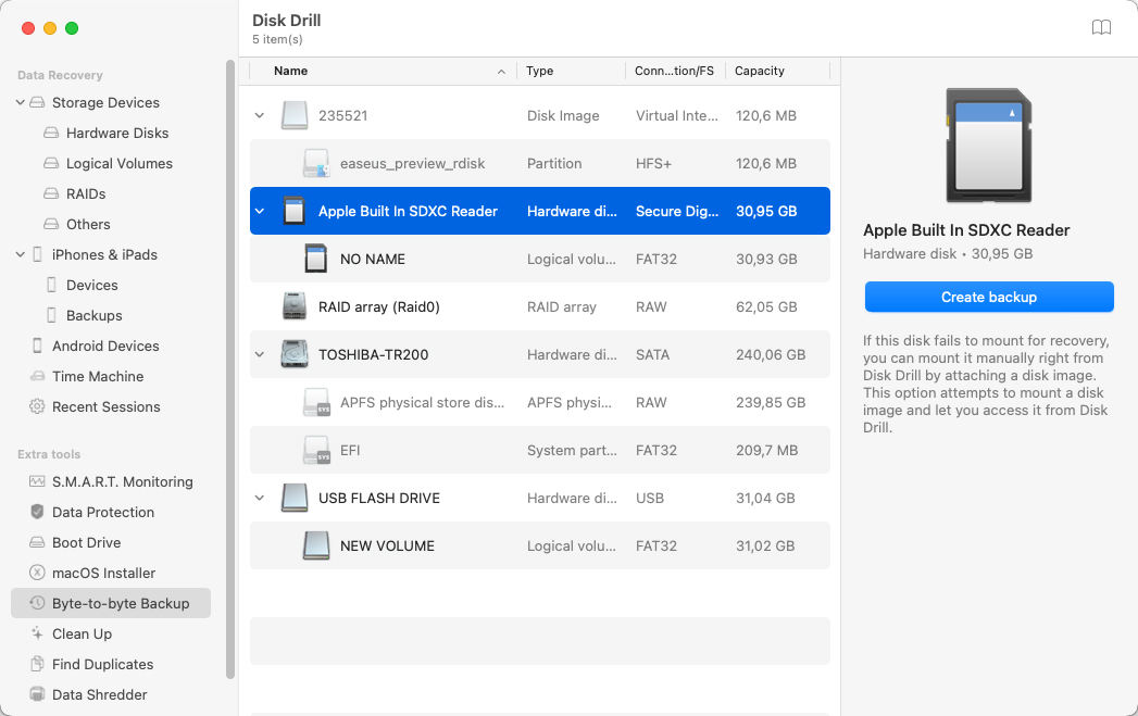 byte til byte backup sd kort disk drill