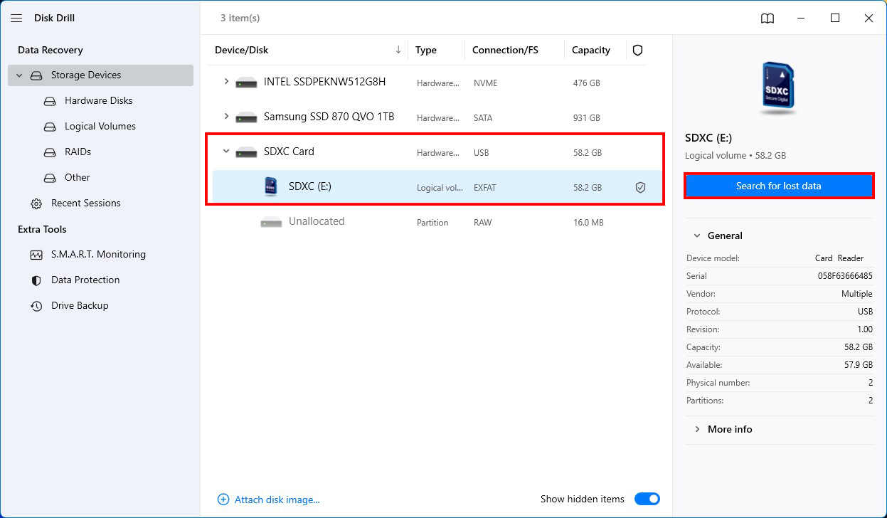 lancement d'un scan avec disk drill