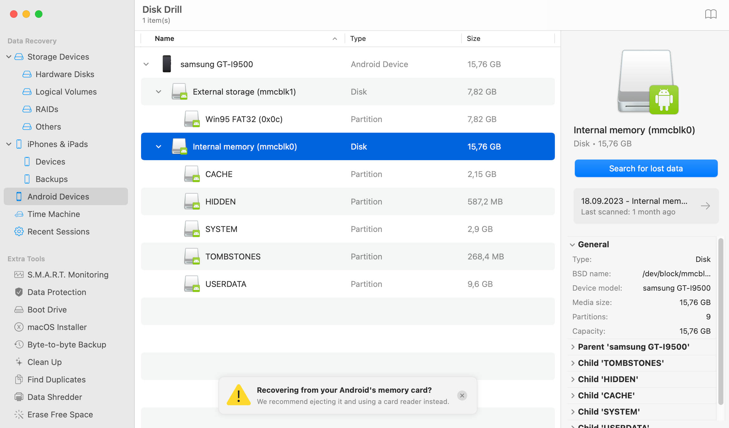 start skanning av android-enhet med disk drill