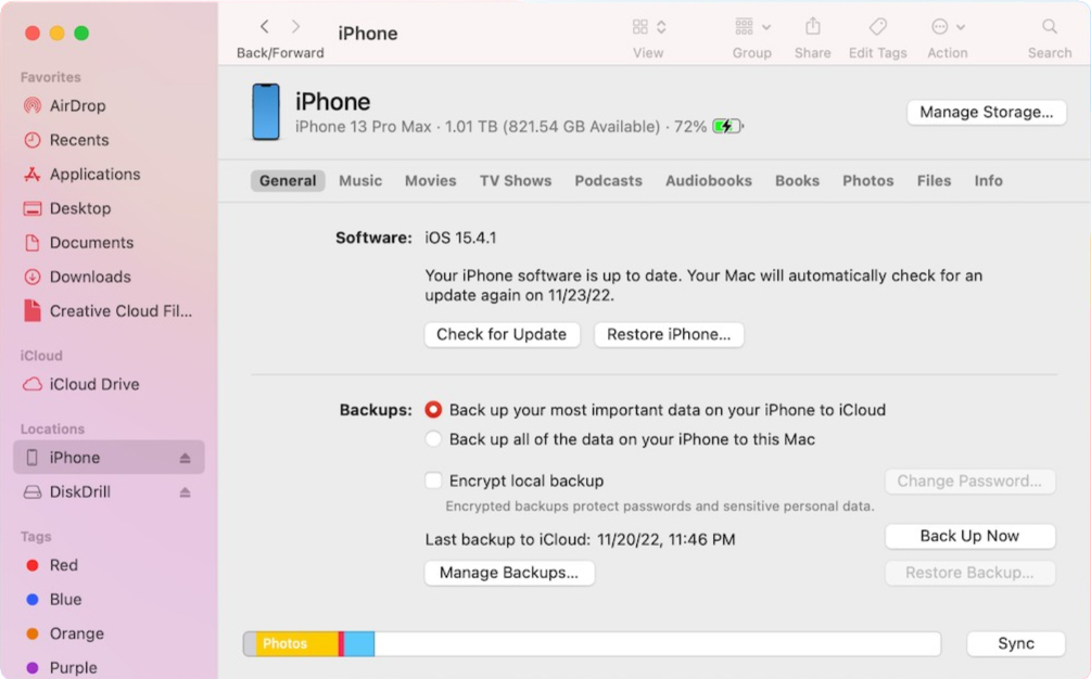 restore backup in finder iphone mac