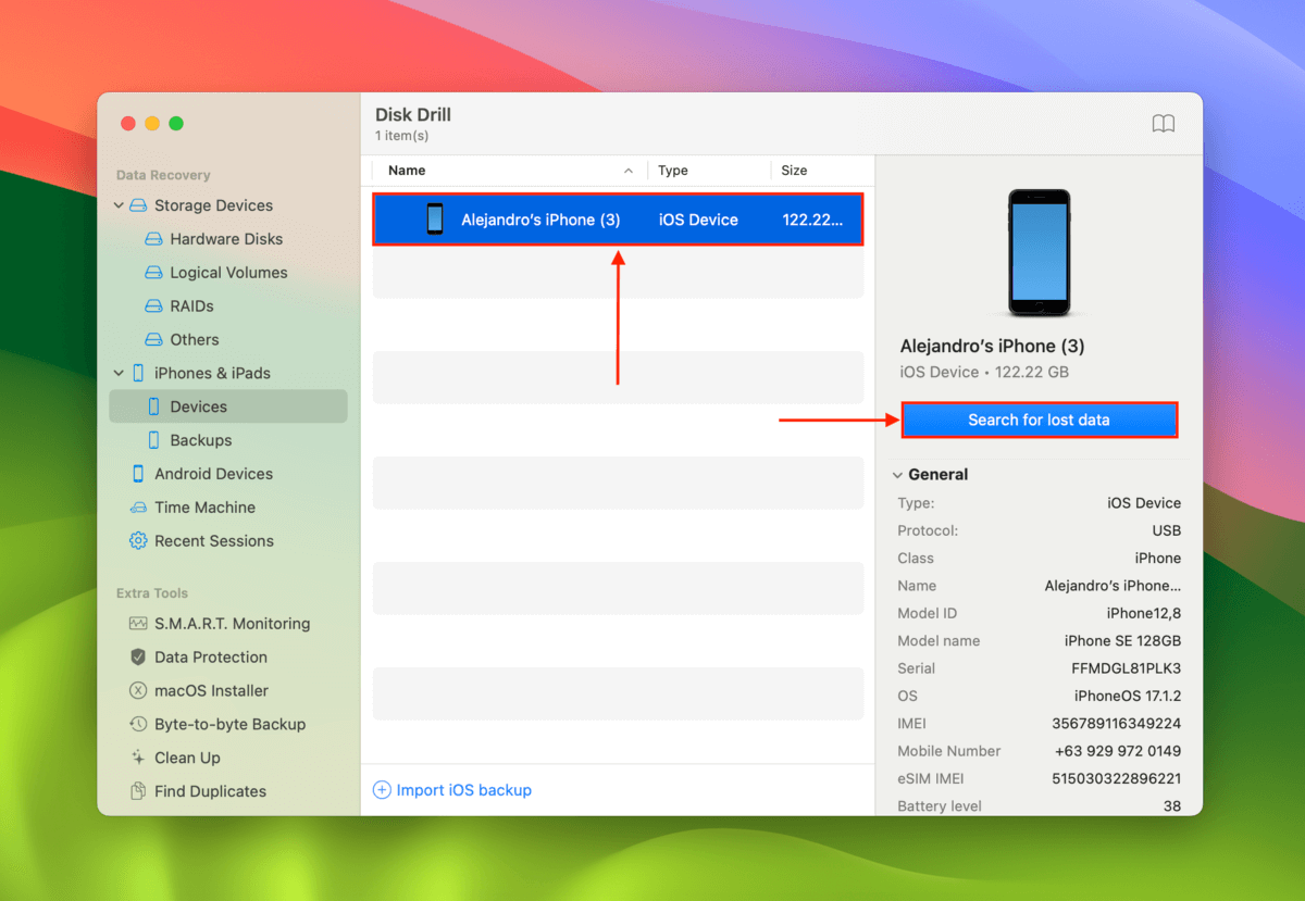 Search for lost data in disk drill