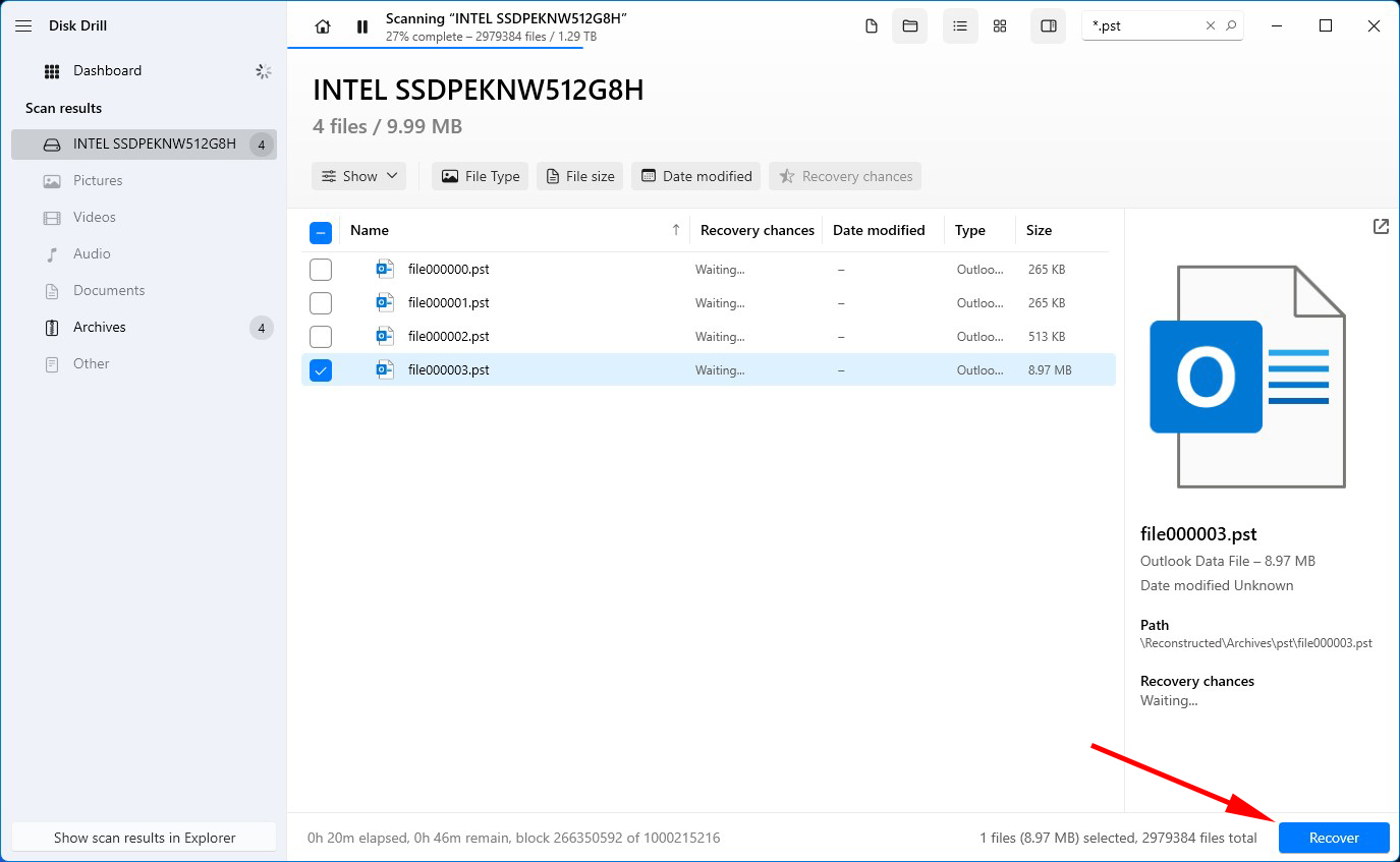 マークされたPSTファイルを回復する。