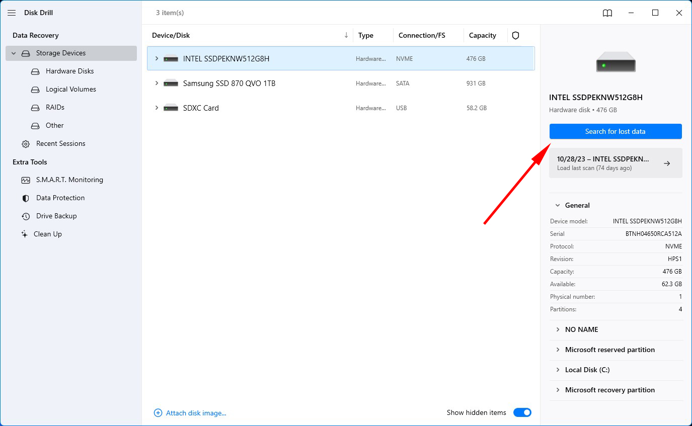 Using Disk Drill to search for lost data.