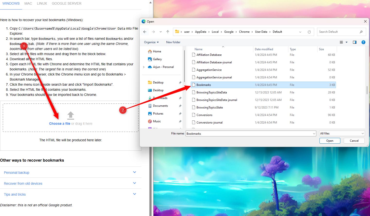 上传包含Google Chrome书签的HTML文件。
