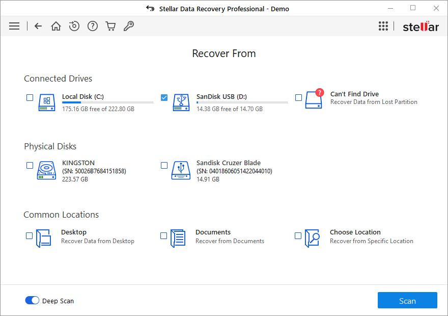 Meny for valg av kilde i Stellar Data Recovery