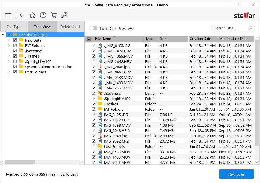 Elenco dei file recuperati da Stellar Data Recovery in modalità visualizzazione ad albero