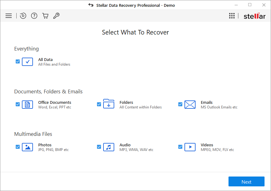 Menu de seleção de tipo de arquivo do Stellar Data Recovery