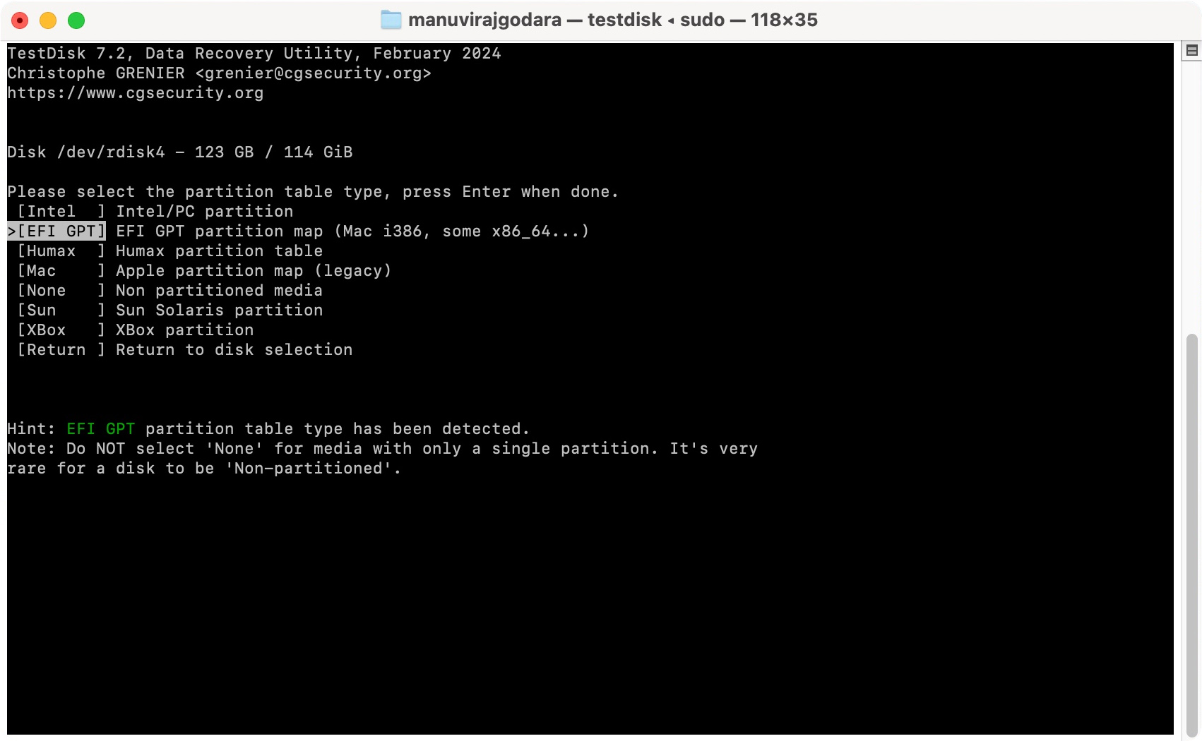 Select the partition table type