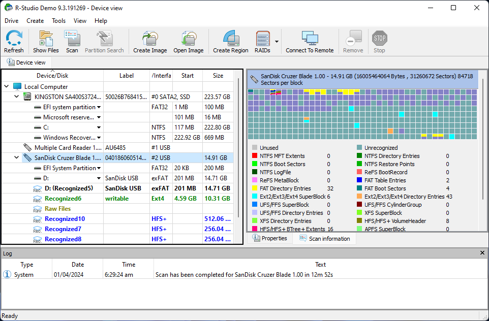 R-Studio source selection menu with found partitions