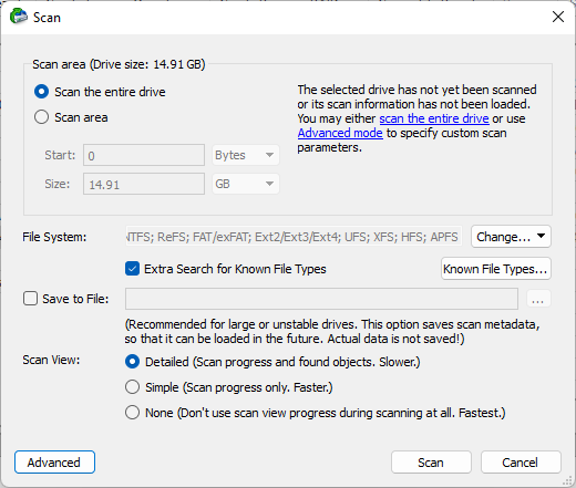 Initial scan parameters in the R-Studio app