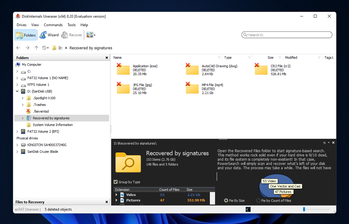 DiskInternals Uneraser found file browser and disk information