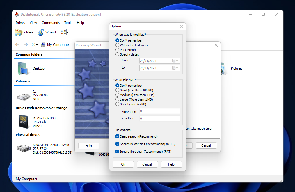 DiskInternals Uneraser Options dialogue in the Recovery Wizard