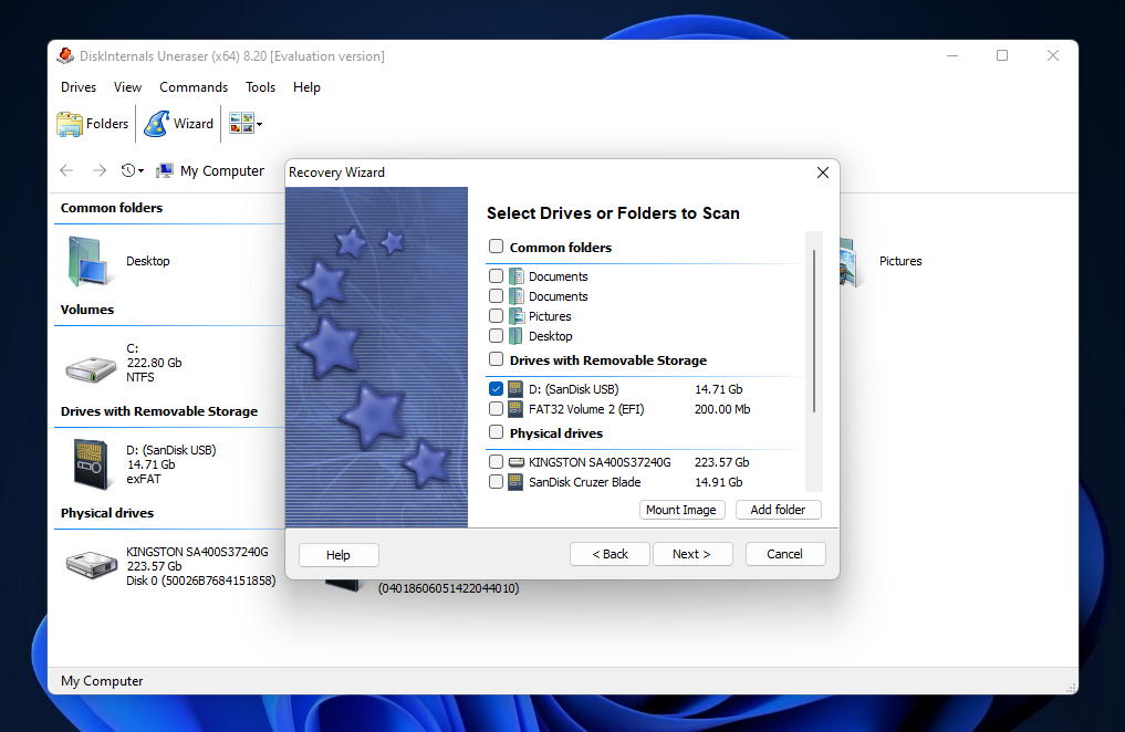 DiskInternals Uneraser source selection menu