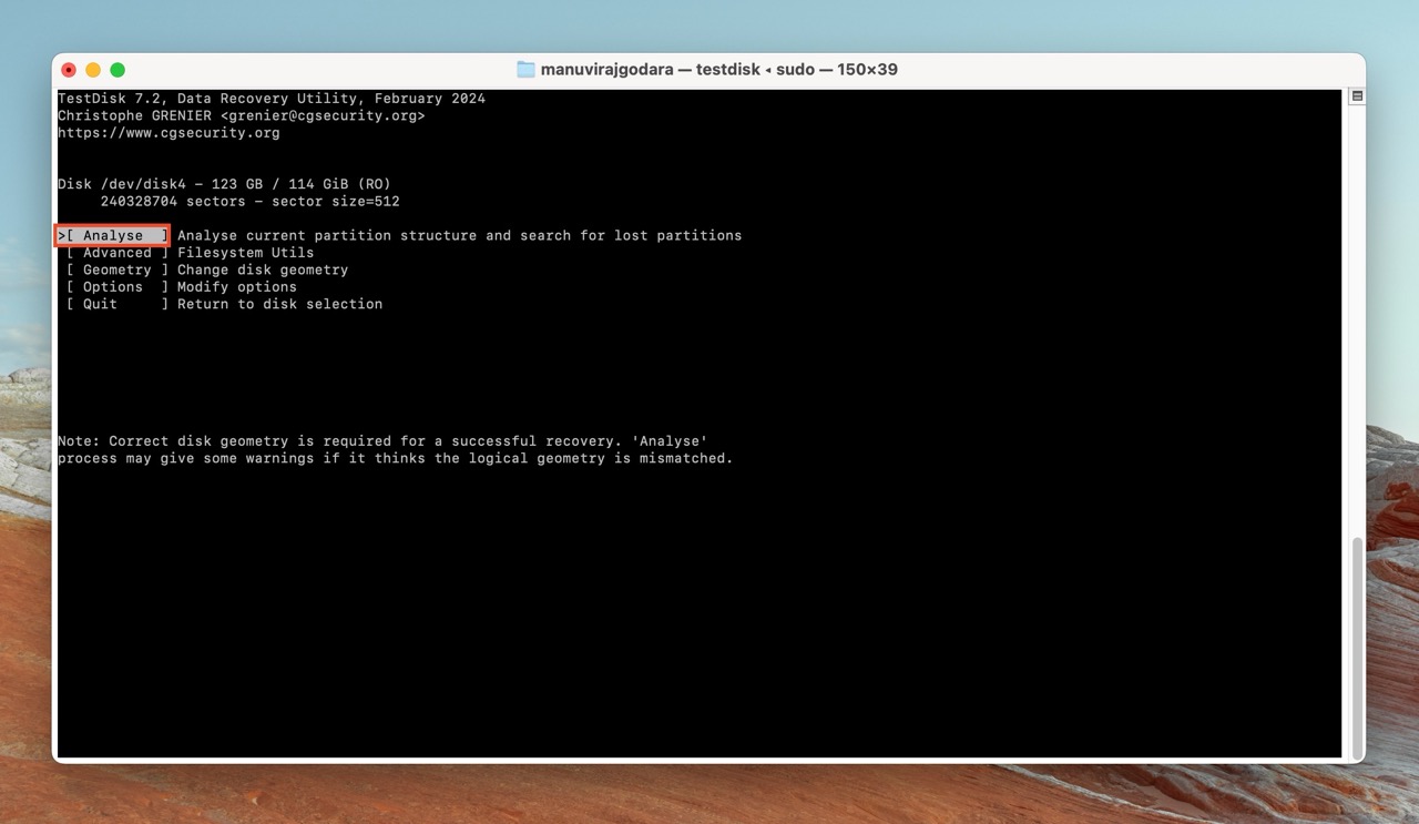 TestDisk on Mac with the option to analyze the current partition structure and search for lost partitions.