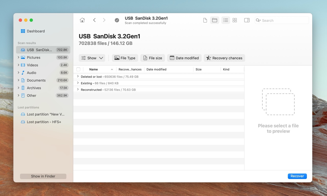 Data recovery sections in Disk Drill on Mac, categorizing found files.