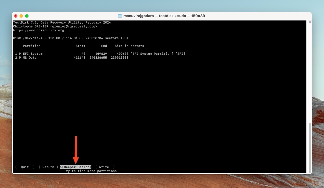 Mac üzerinde TestDisk daha fazla bölüm bulmak için daha derin bir arama yapma seçeneği ile.