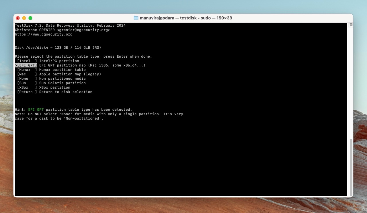 TestDisk on Mac prompting the user to select the partition table type.