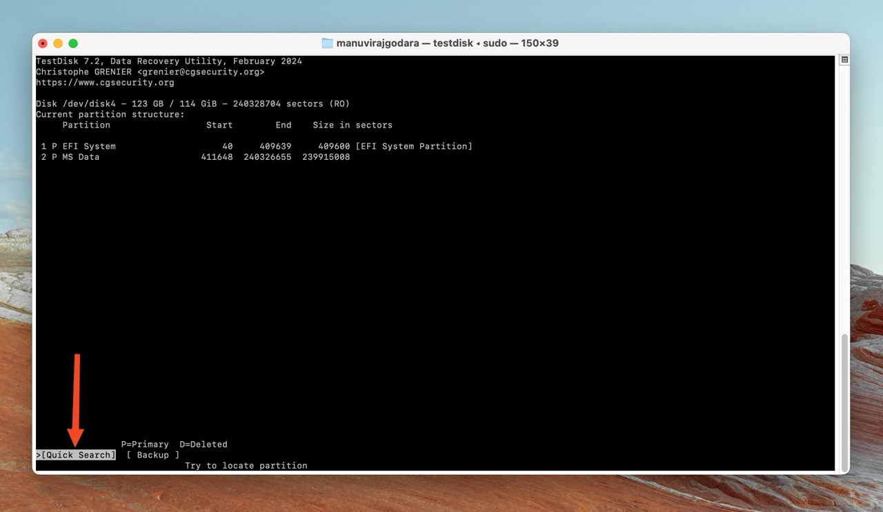 TestDisk on Mac displaying a Quick Search option.