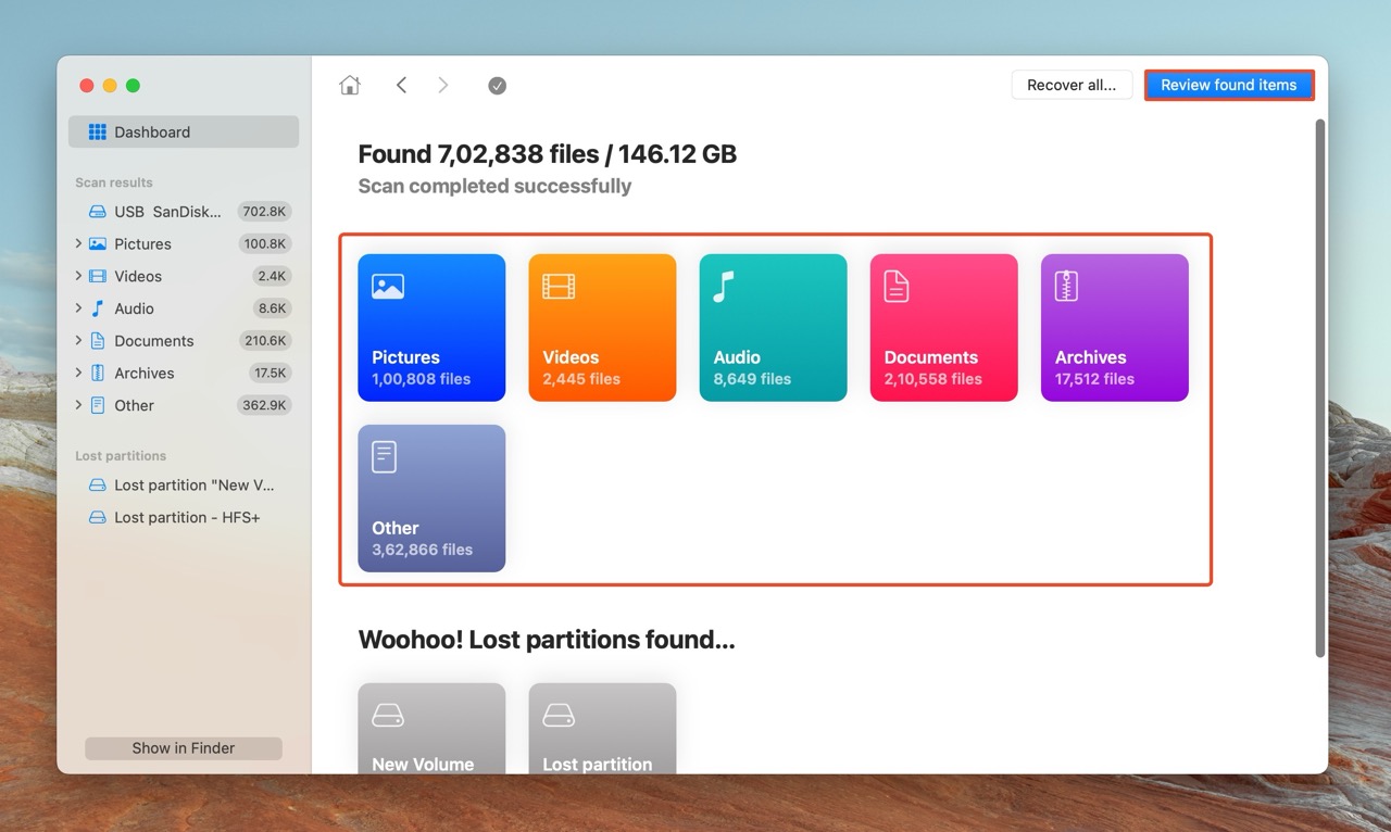 Liste der wiederherstellbaren Dateien in Disk Drill auf dem Mac.