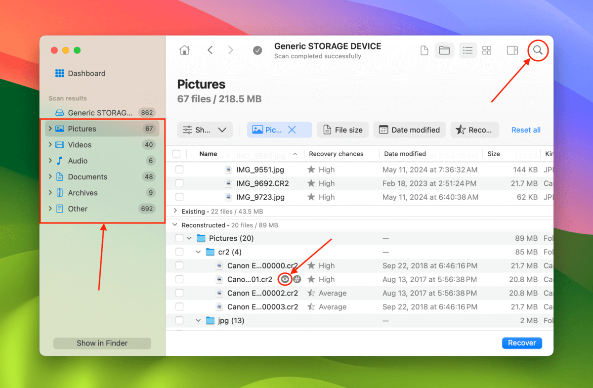 Disk Drill filter, search, and preview tools