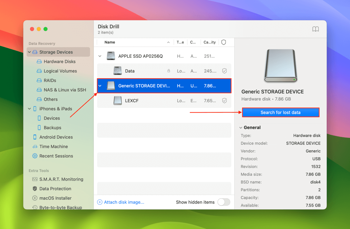 CF card in Disk Drill source selection menu