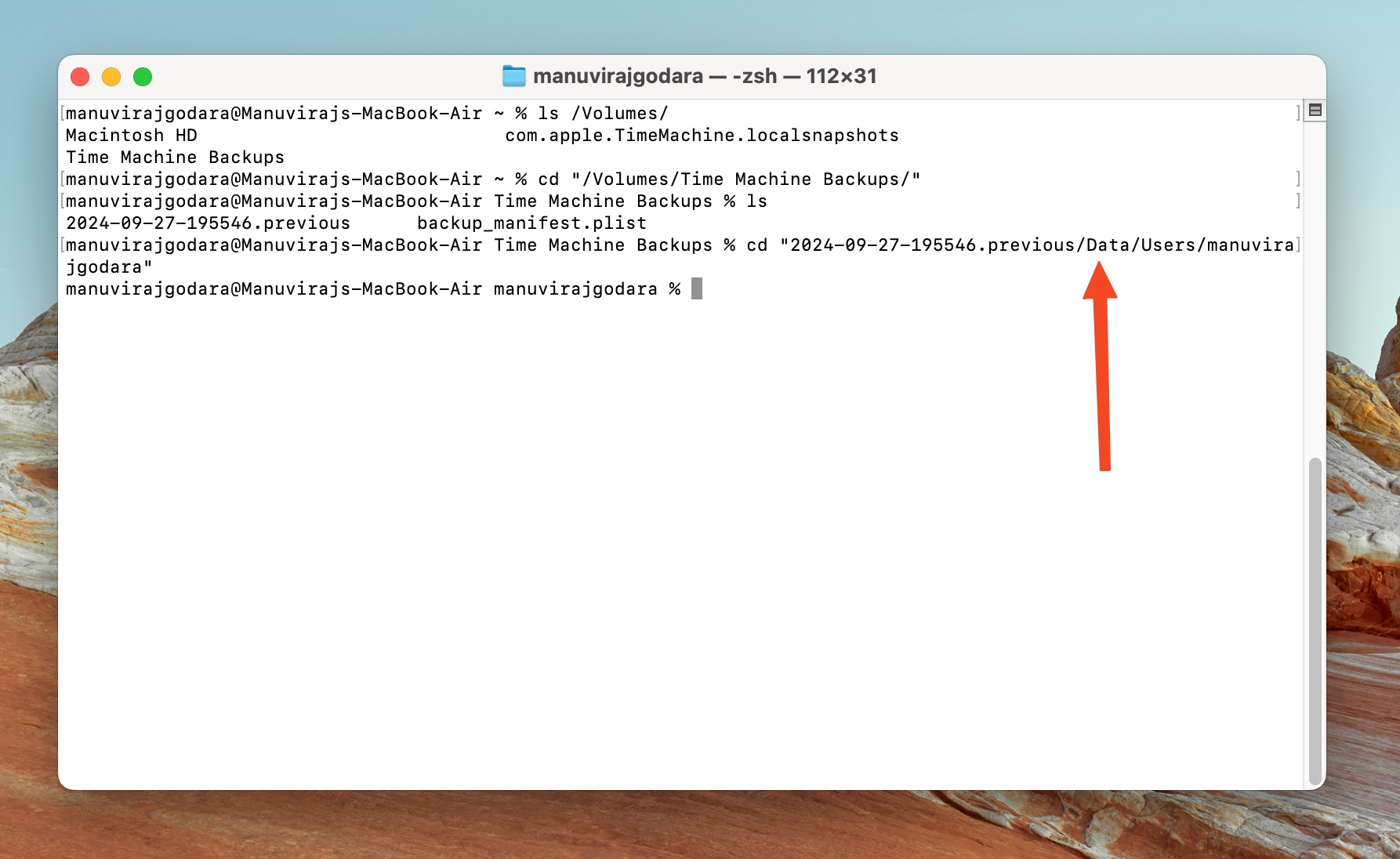 Terminal accessing Time Machine backup data.