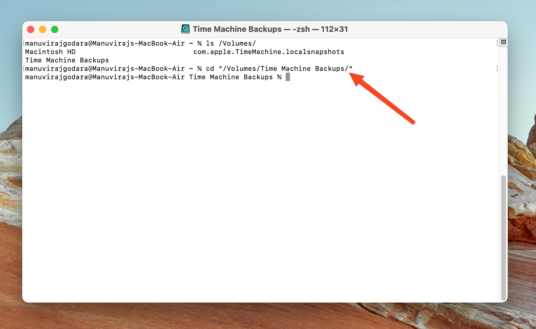 Terminal navigating to Time Machine backup folder.