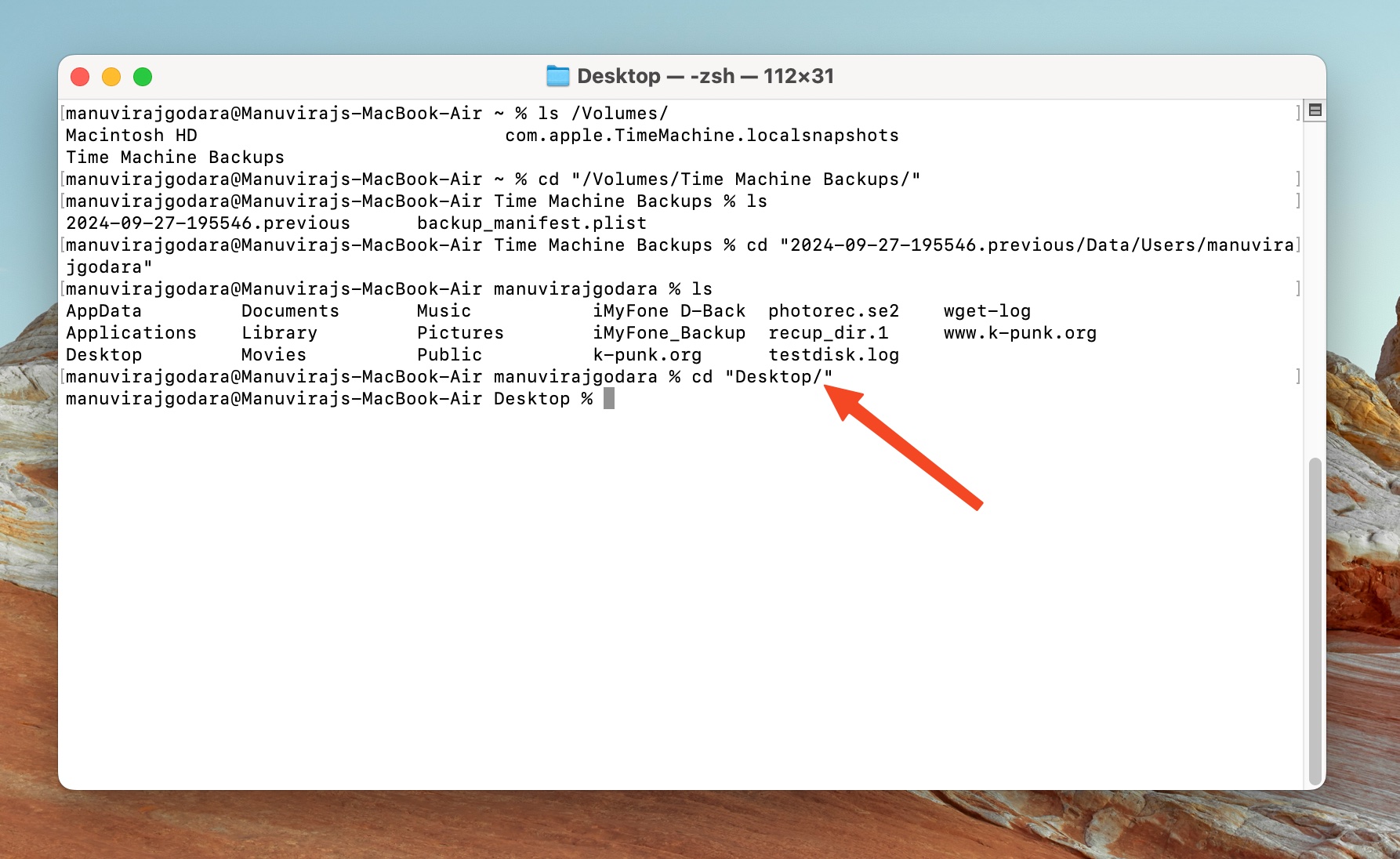 Terminal accessing Desktop folder in Time Machine backup.