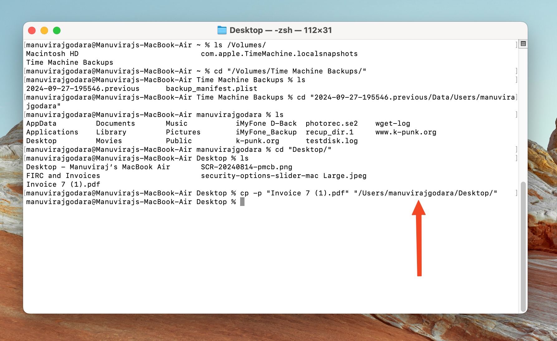 Terminal copying file from Time Machine backup to Desktop.