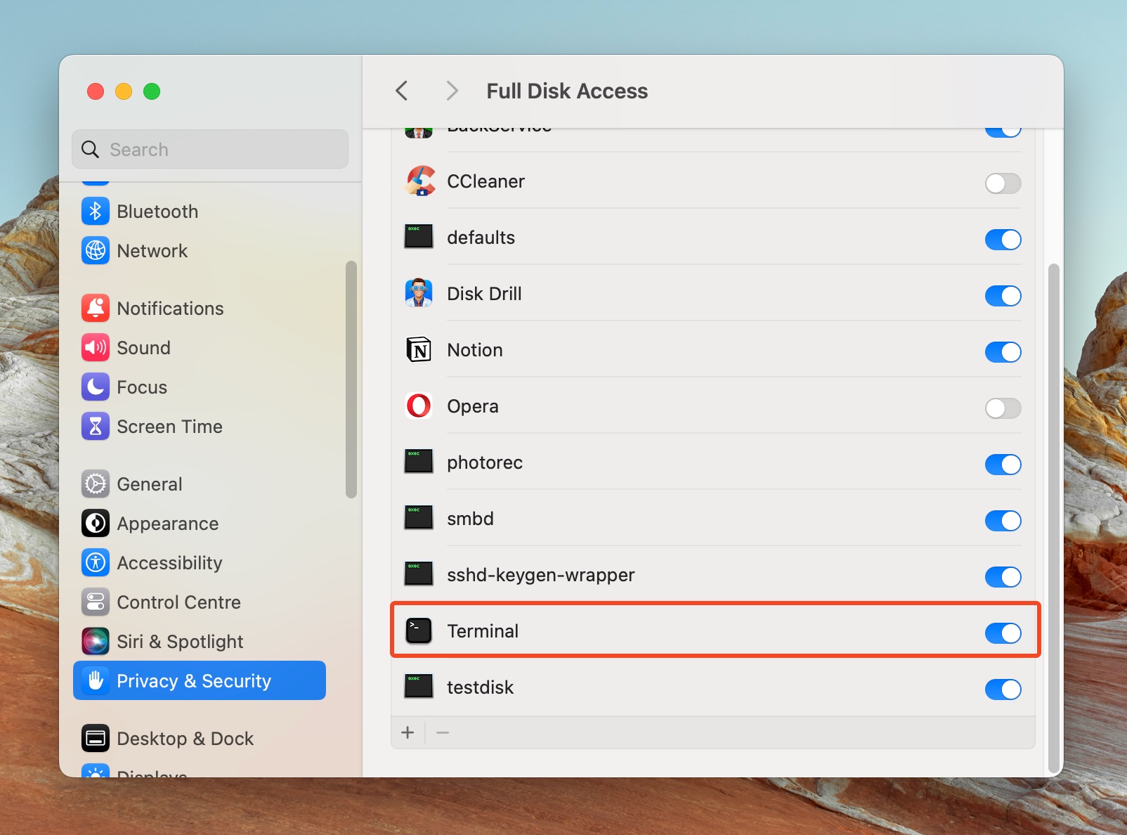 Full Disk Access with Terminal enabled in macOS settings.