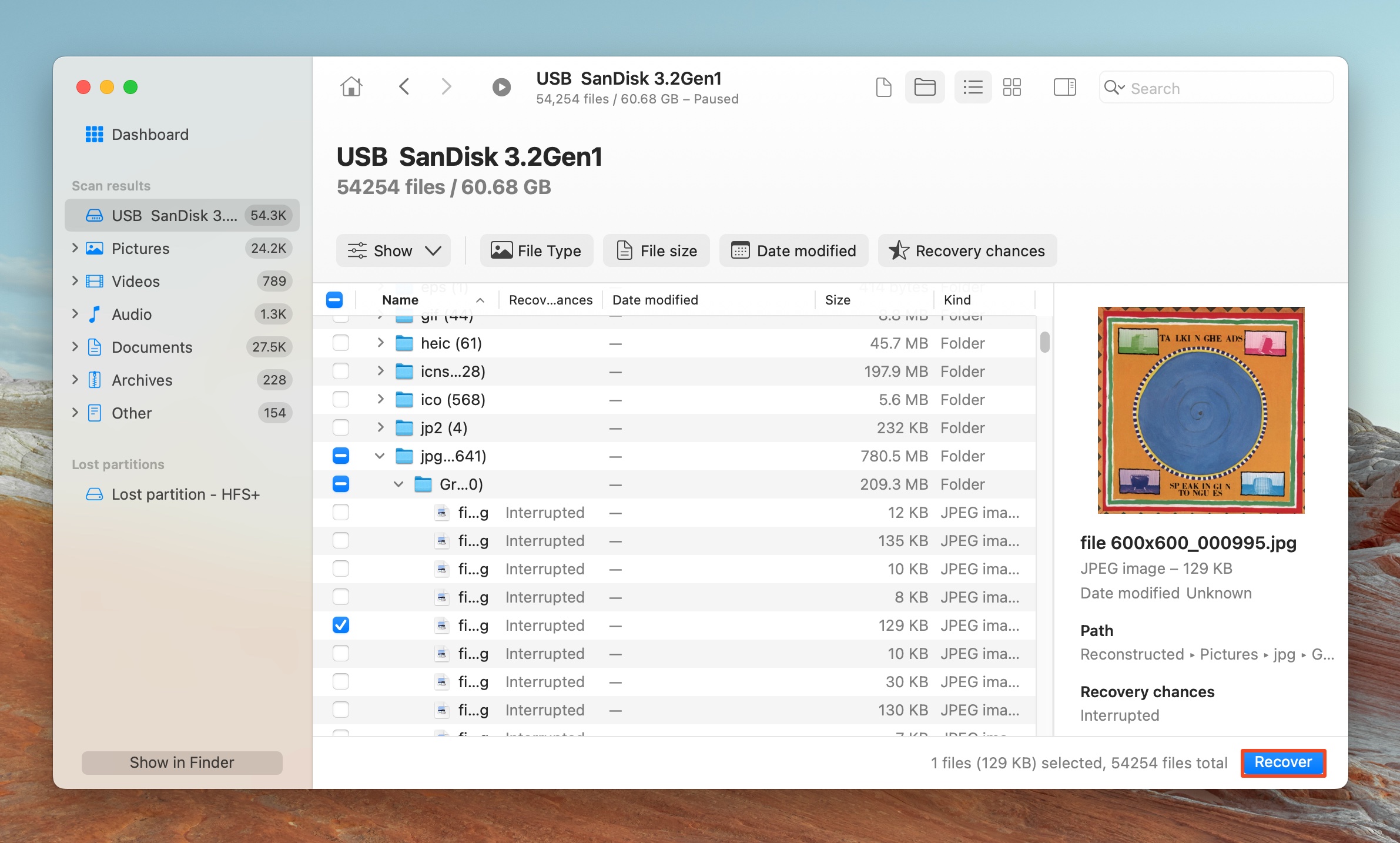 List of recoverable files in Disk Drill.