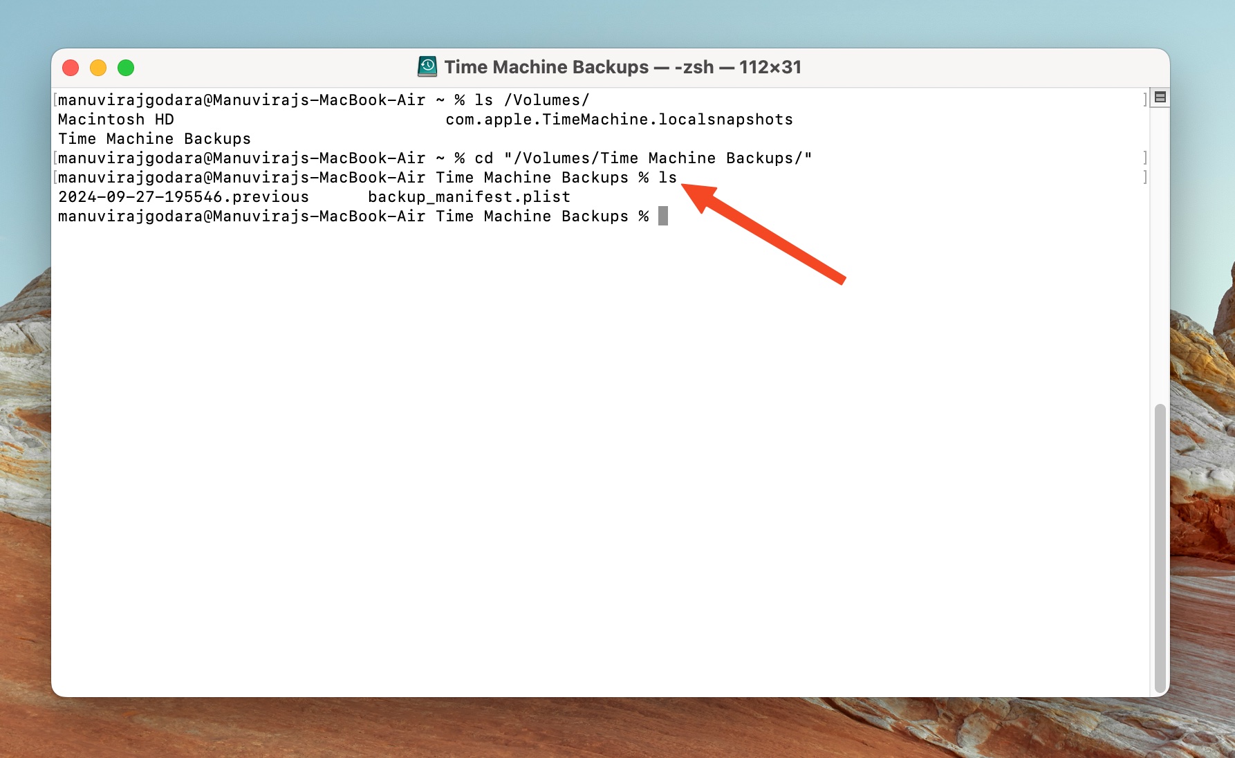 Terminal listing Time Machine backup manifest.