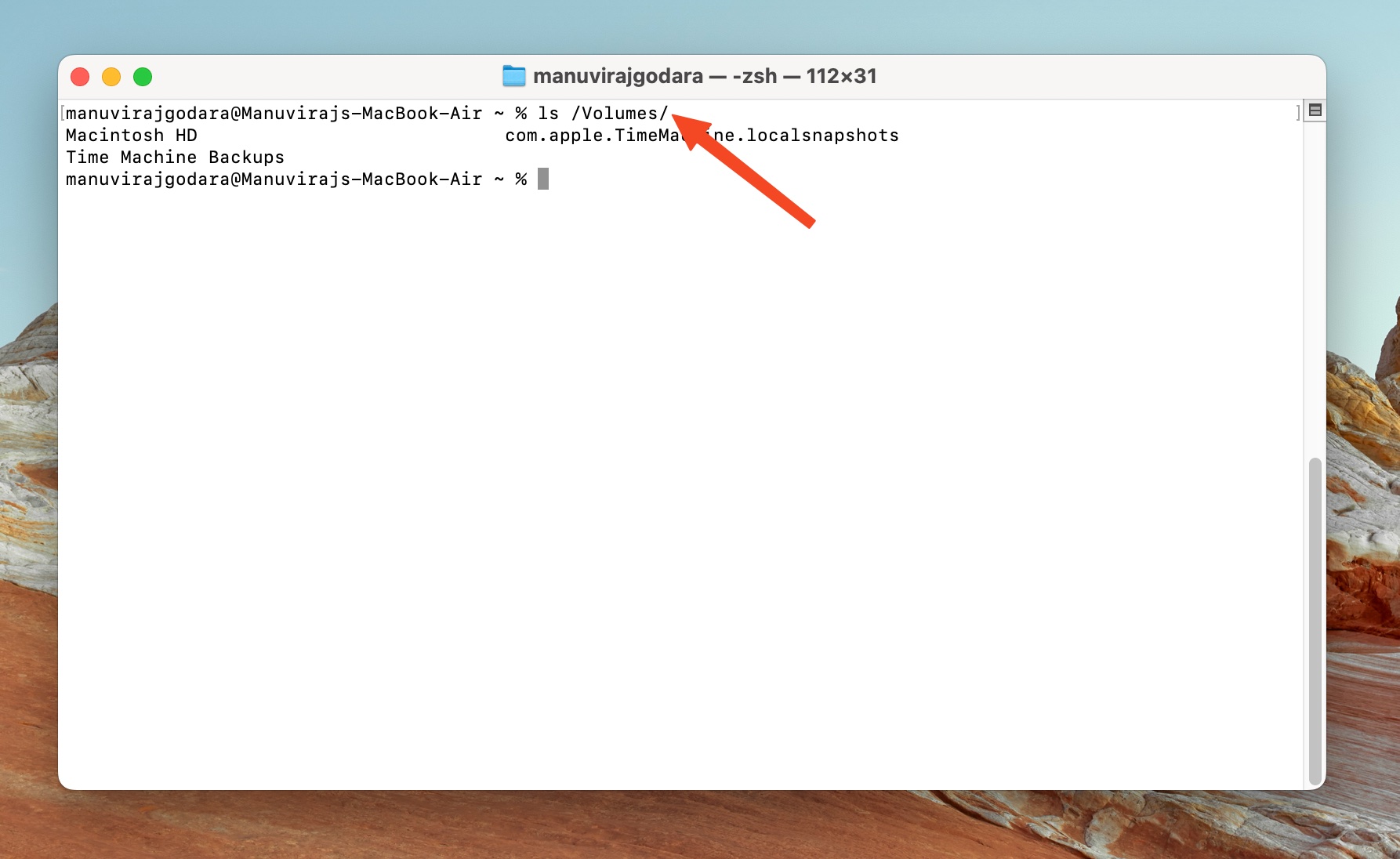 Terminal listing volumes, including Time Machine backups.