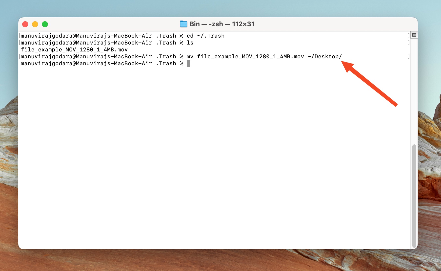 Terminal moving file from Trash to Desktop.