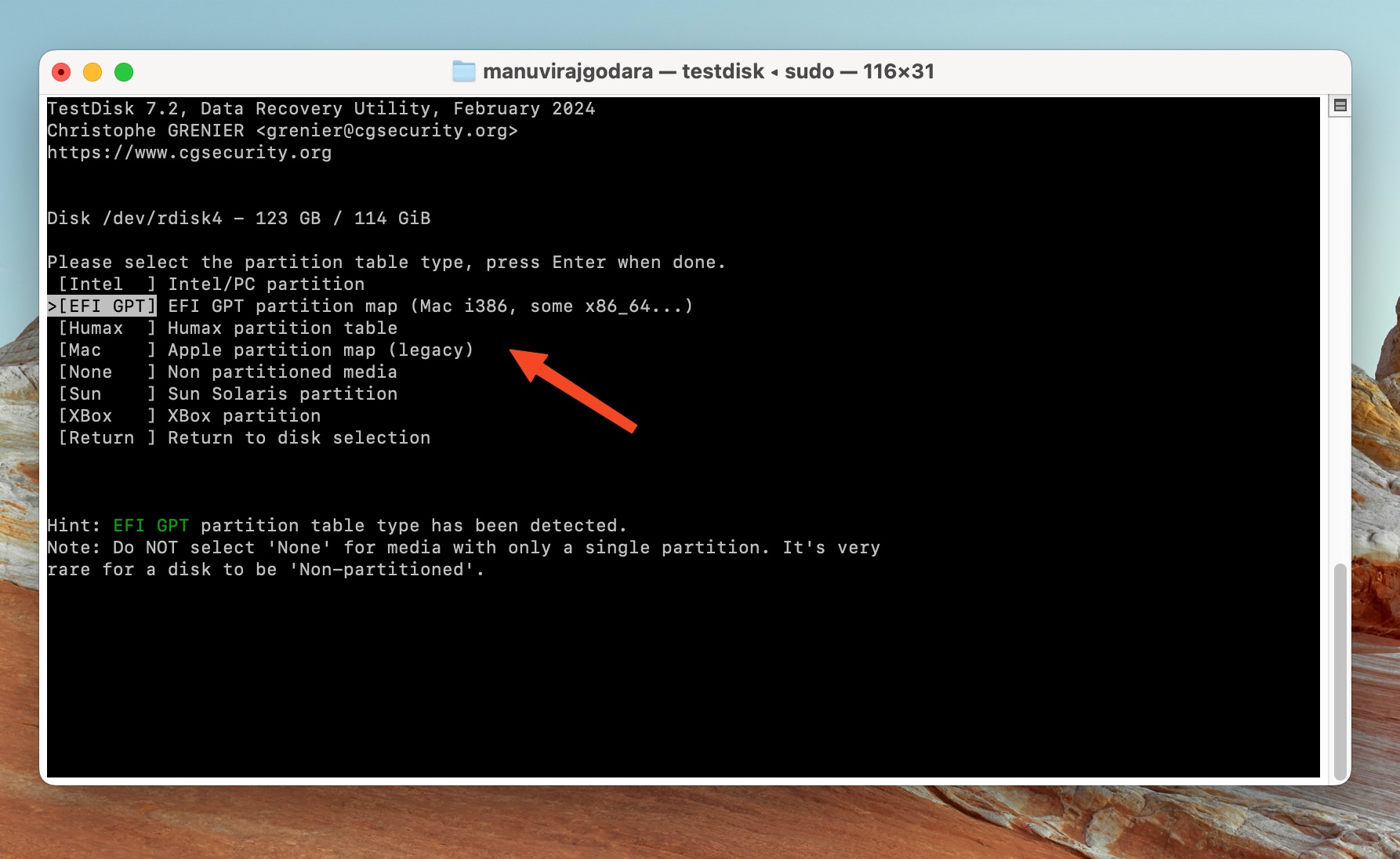 TestDisk partition table type selection for recovery.