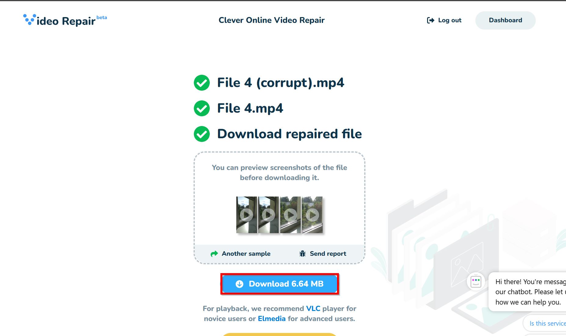 Clever Online Video Repair download repaired video option.