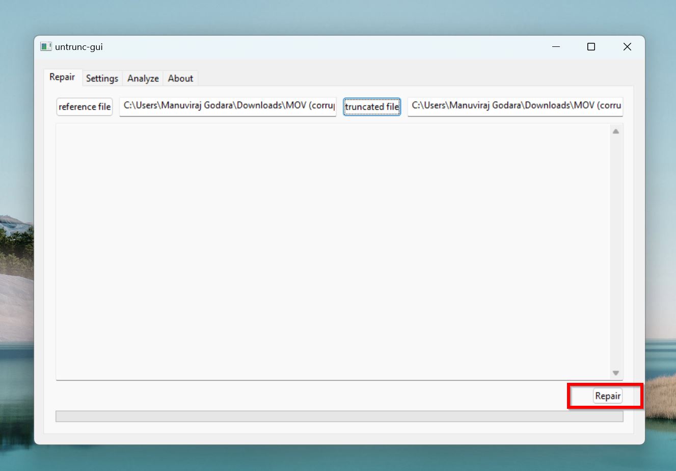 Repair option in Untrunc GUI.