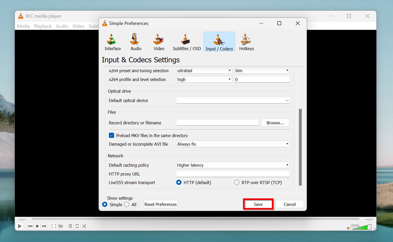 Save button in the Preferences menu.