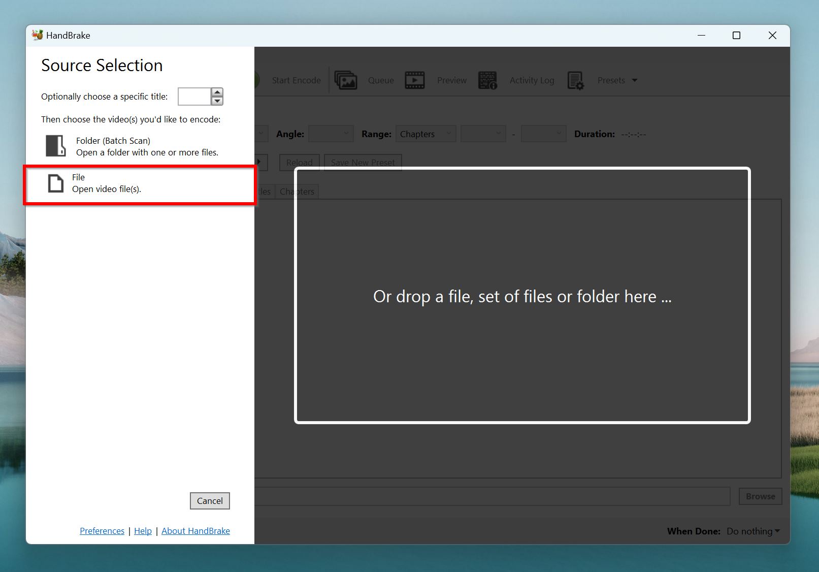 Select file option in Handbrake.