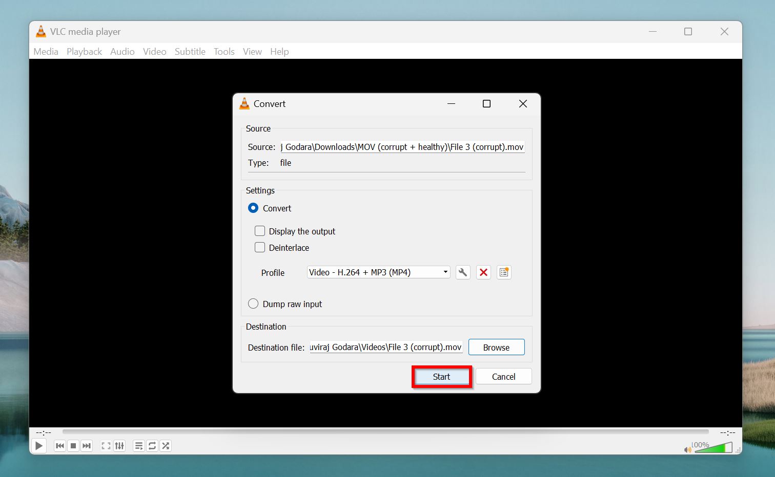 Start conversion option in VLC.